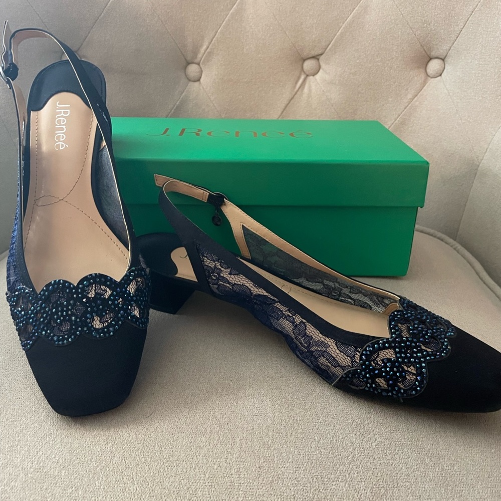 J.Renee Size 11 Satin, Beading, and Lace Navy Shoes